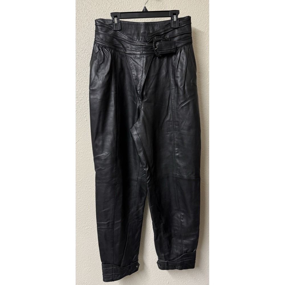 Vtg Women's Black Leather pants 1980s Made In France Moto Cuffed Belted SM